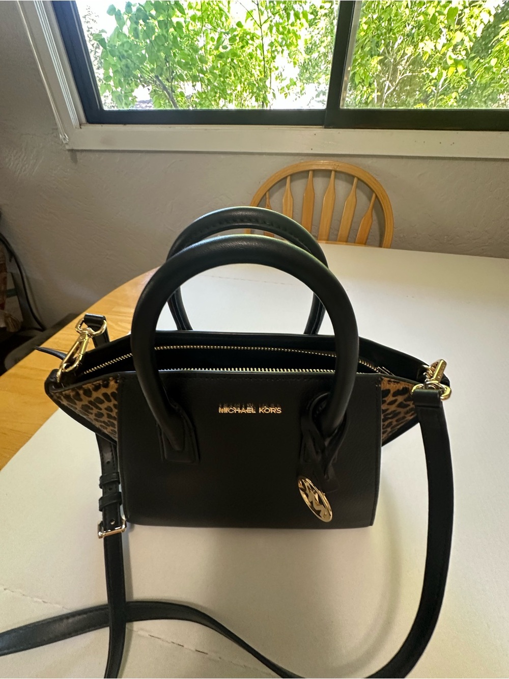 Michael Kors Black Leather Satchel with Leopard Accent